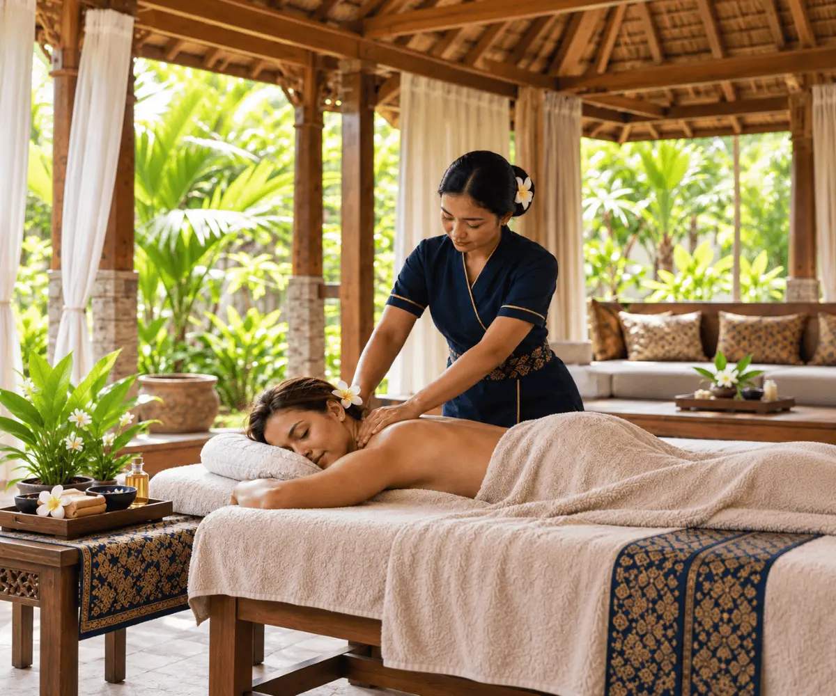 A therapist gives a relaxing massage in a sunlit Bali villa